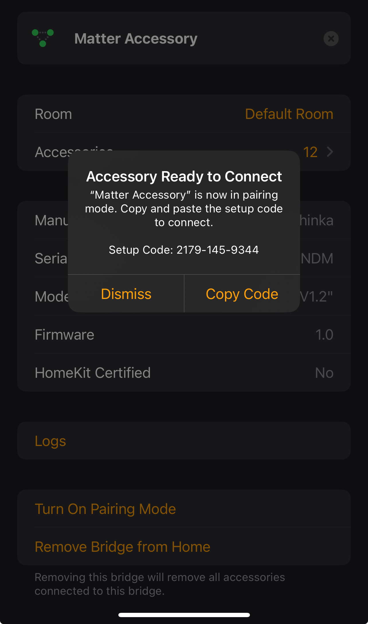 Apple Home Matter Pairing Code