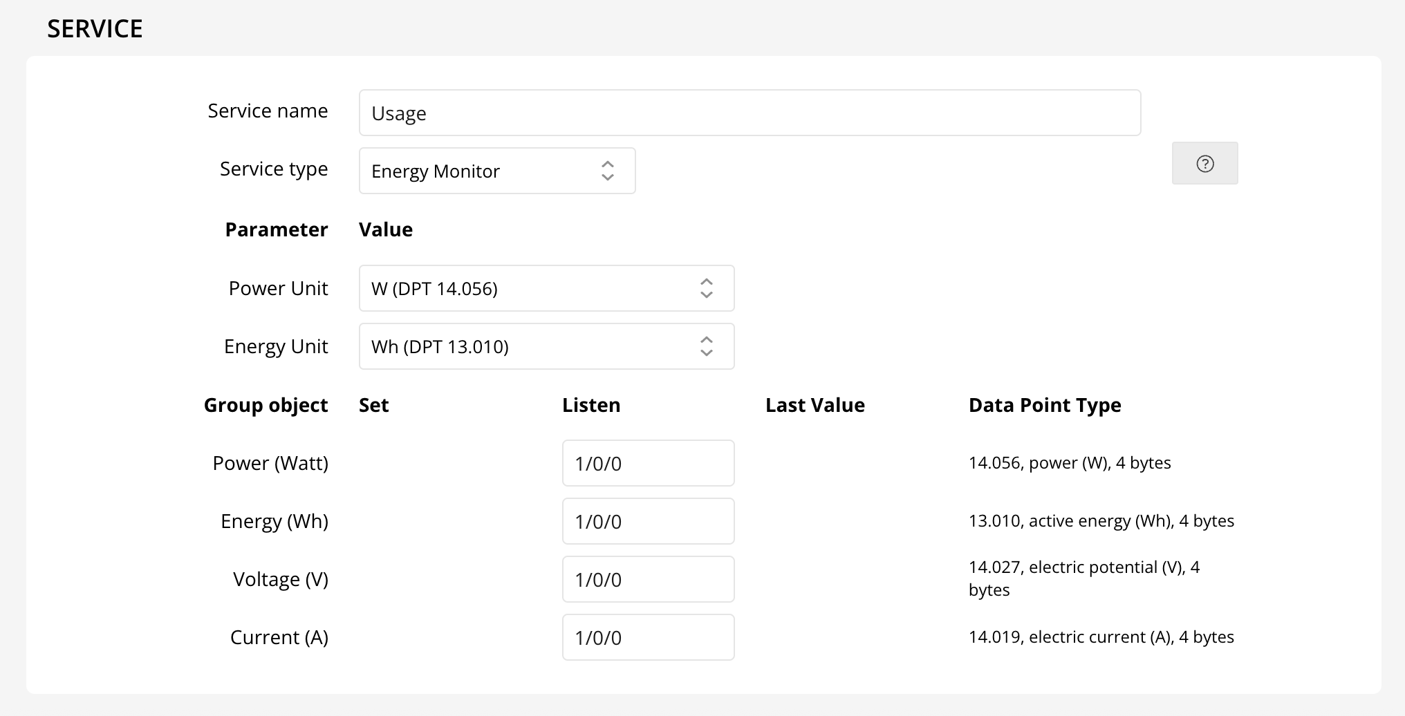 Energy Monitor configuration screenshot