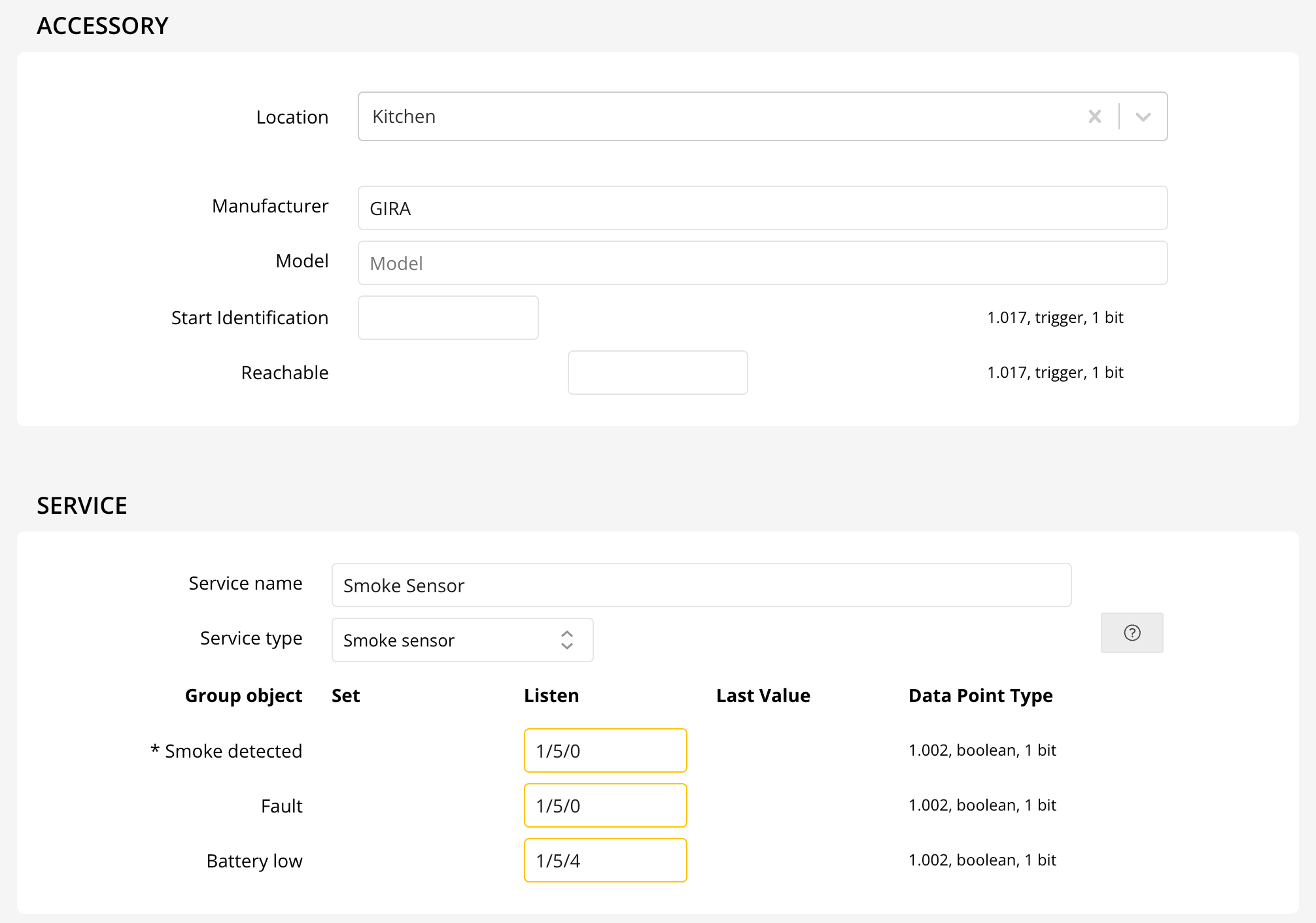 Smoke sensor configuration screenshot