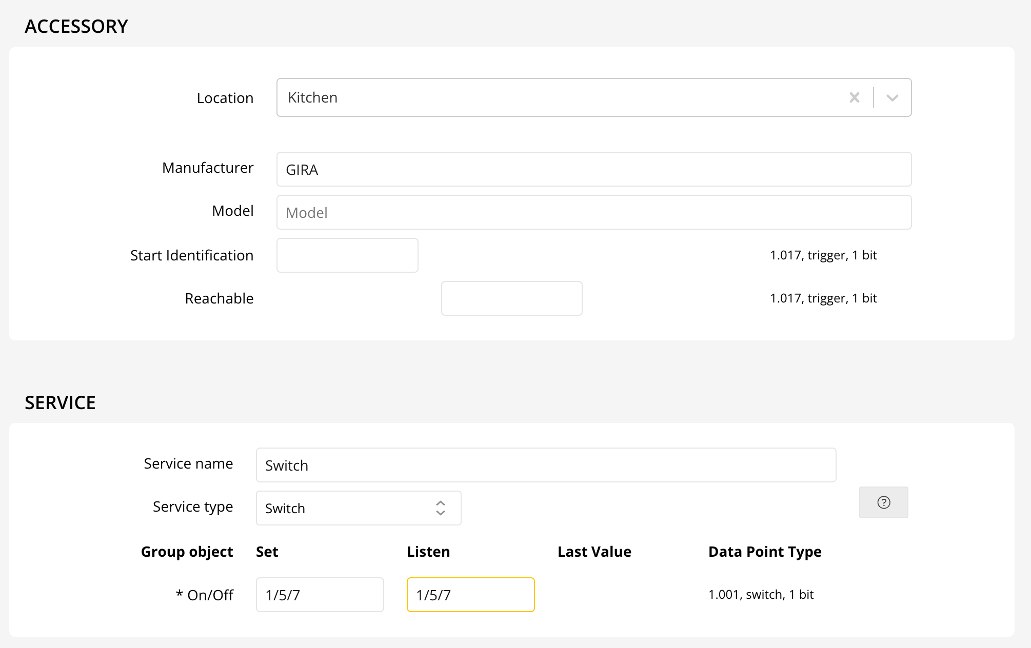 KNX Switch Configuration Screenshot